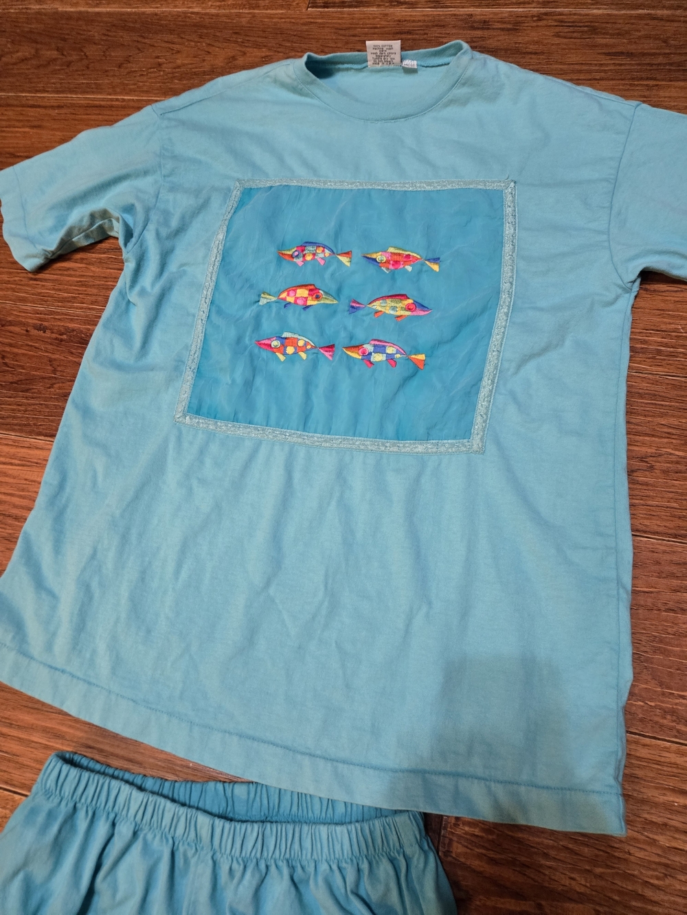 Vintage 90s Johnny Was Turquoise Fish Patch Short Sleeve Tee And Pants